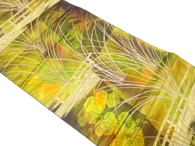 霞に草葉模様織り出し袋帯